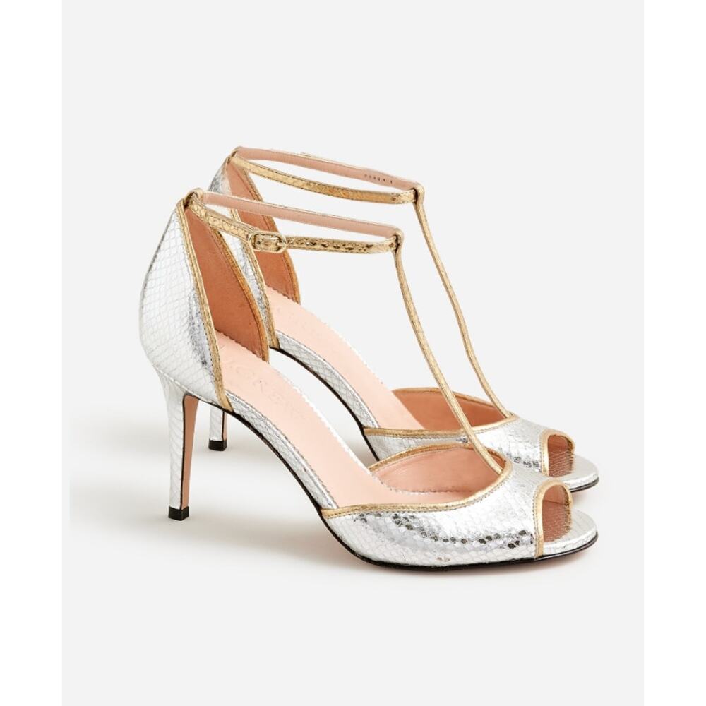 J. Crew Collection Rylie T-strap Heels Snake Italian Leather Gold Silver Size 9